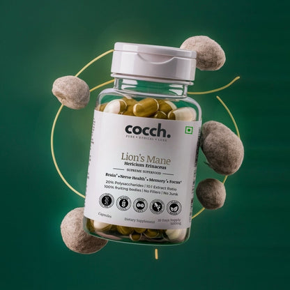 "A bottle of COCCH Lion's Mane Capsules, promoting enhanced cognitive function, improved memory, and reduced stress, made with 100% pure Hericium erinaceus extract, suitable for vegans and free from GMOs and gluten."