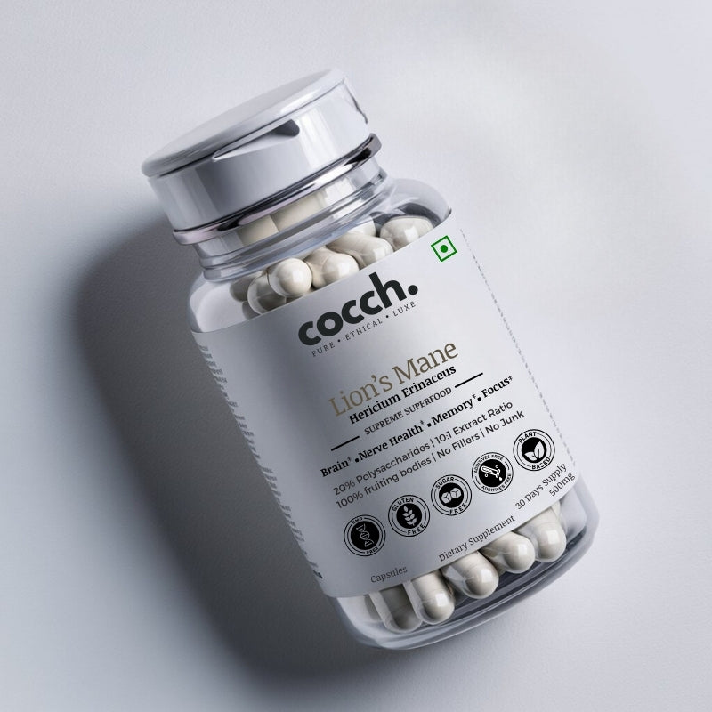 "A bottle of COCCH Lion's Mane Capsules, promoting enhanced cognitive function, improved memory, and reduced stress, made with 100% pure Hericium erinaceus extract, suitable for vegans and free from GMOs and gluten."