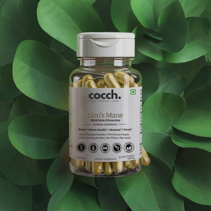 "A bottle of COCCH Lion's Mane Capsules, promoting enhanced cognitive function, improved memory, and reduced stress, made with 100% pure Hericium erinaceus extract, suitable for vegans and free from GMOs and gluten."